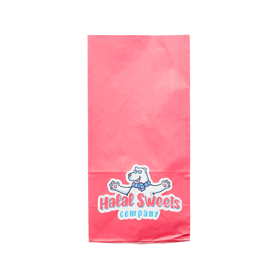 GIF (graphic interchange format) of the Halal Sweets Company iconic Pick 'n' Mix bag spinning on it's axis revealing the company logo on each side. One side of the bag is blue and the other pink. Social Network details can be seen on the side gussets of the bag as well as the company website.